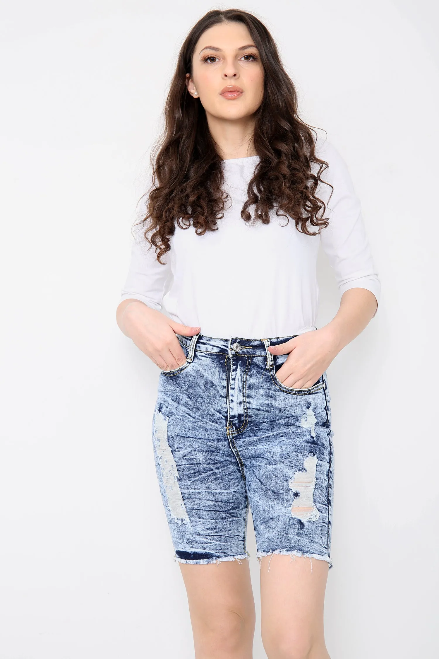 Acid Wash High Waisted Long Denim Shorts