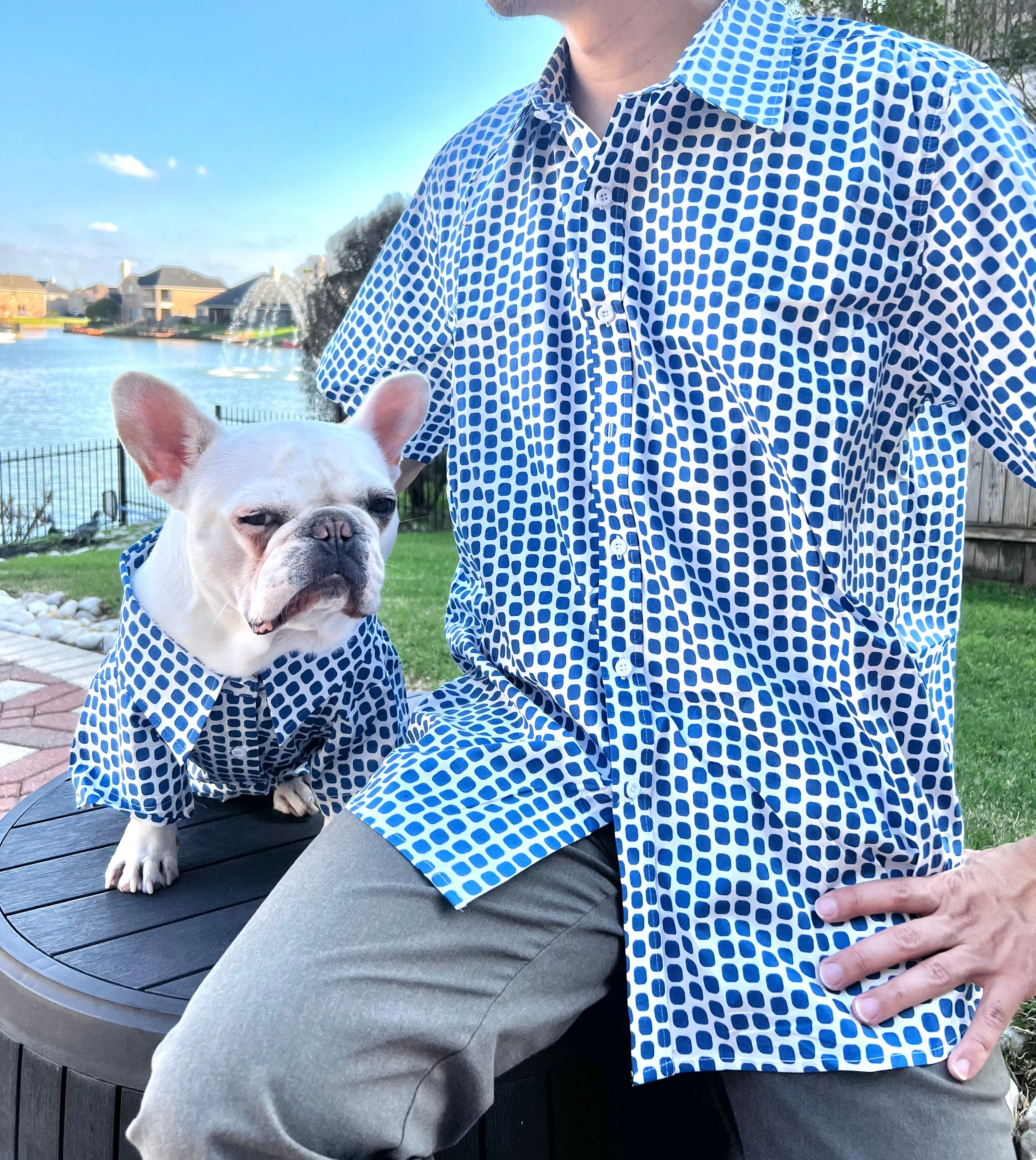 Blue Dot Print Owner and Pet Matching Button Shirt / Bandana