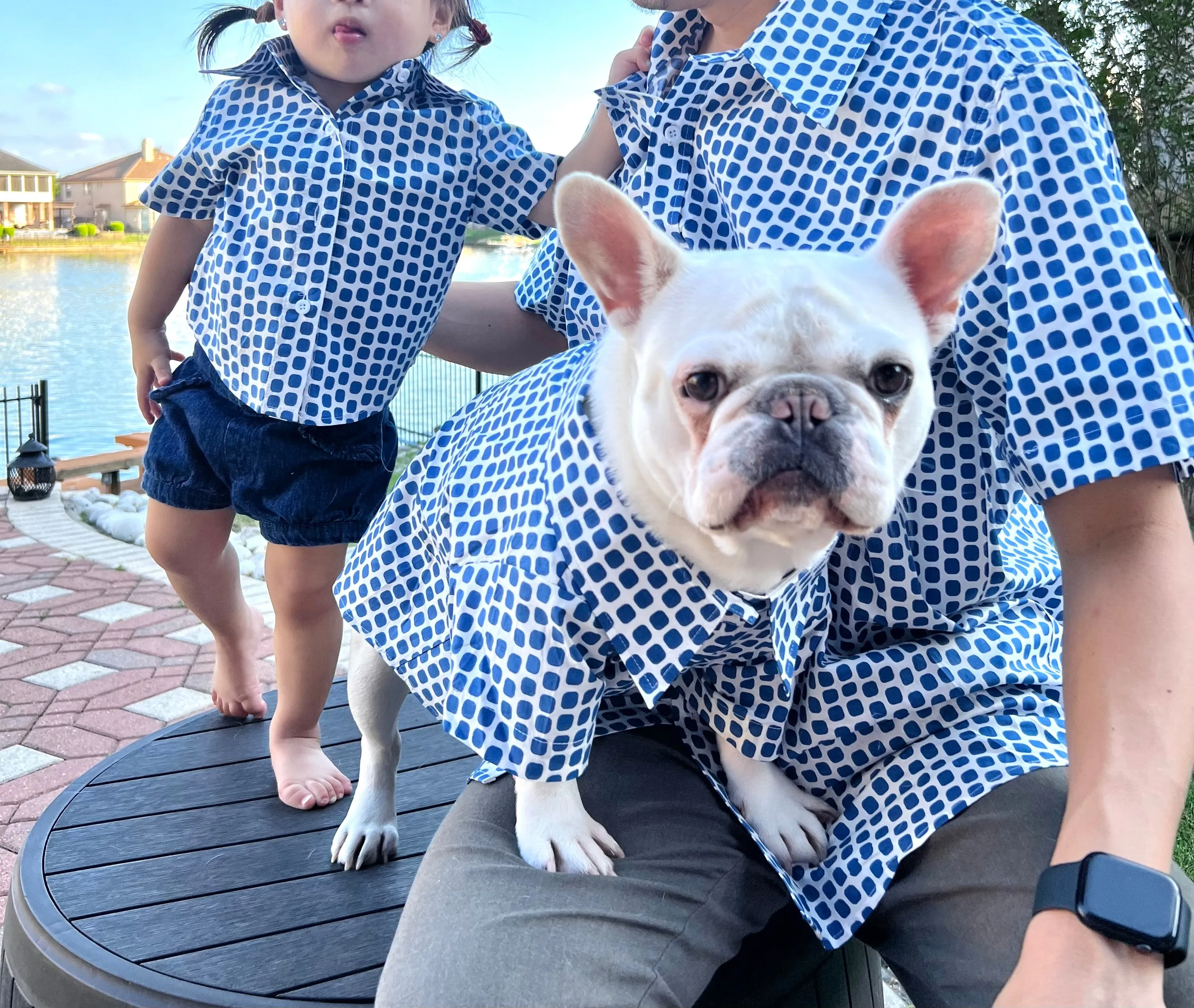 Blue Dot Print Owner and Pet Matching Button Shirt / Bandana