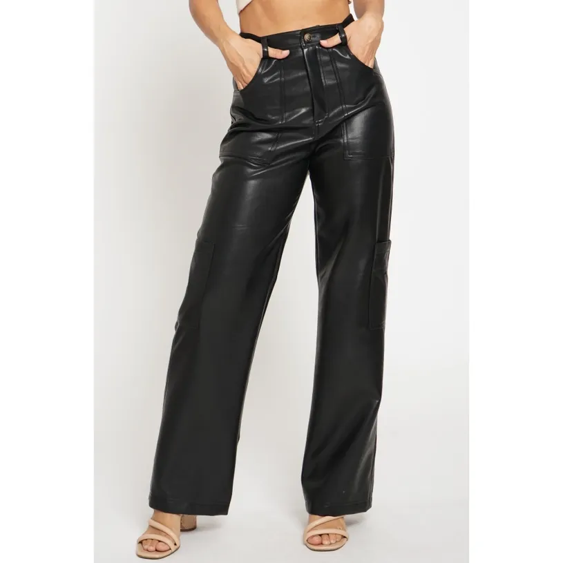 Call the Shots Black Leather Cargo Pants