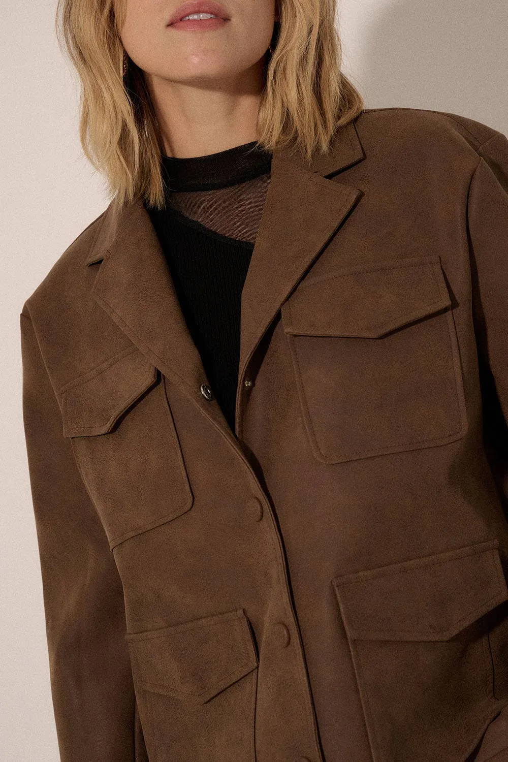 Faux Leather Collar Neck Pocket Jacket