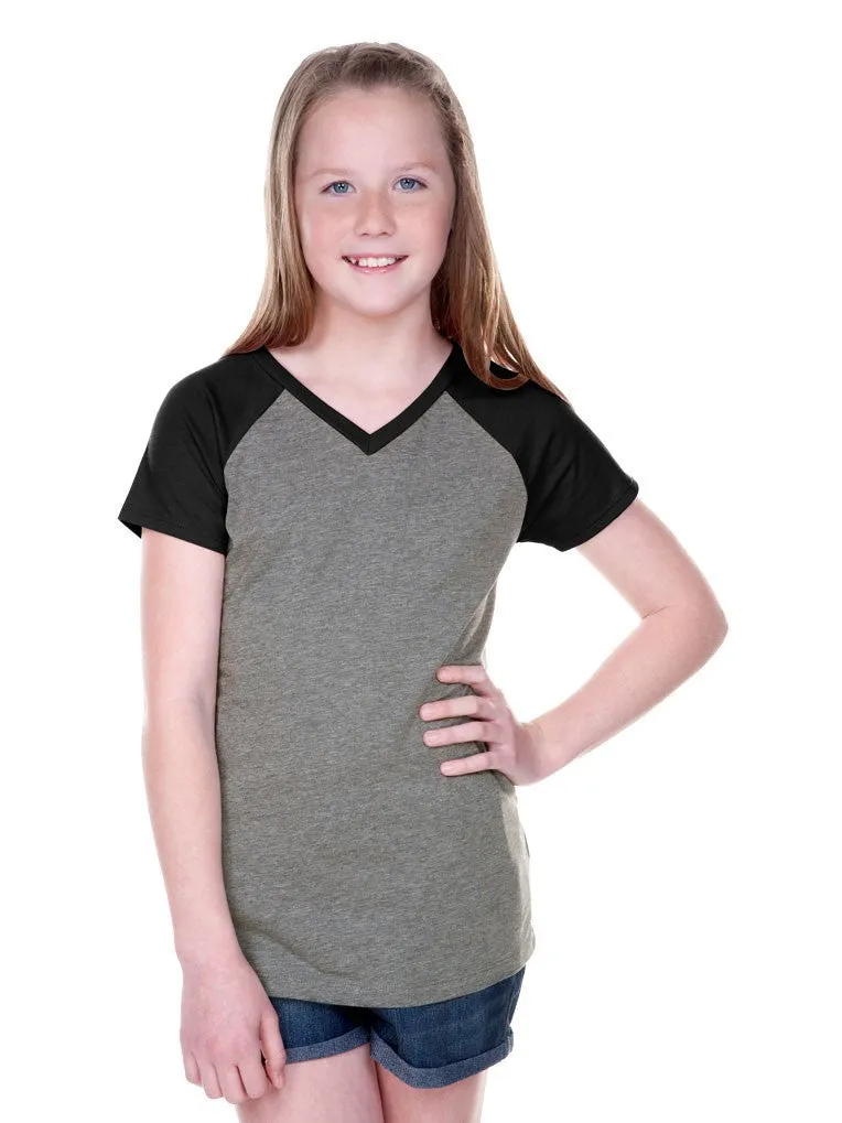 Girls 8-16 Jersey Contrast V Neck Raglan Short Sleeve Tee-H