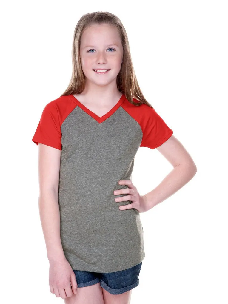 Girls 8-16 Jersey Contrast V Neck Raglan Short Sleeve Tee-H