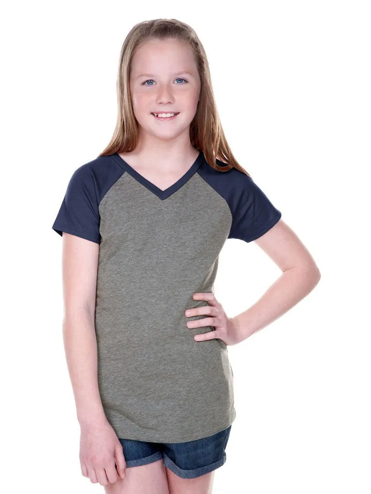 Girls 8-16 Jersey Contrast V Neck Raglan Short Sleeve Tee-H