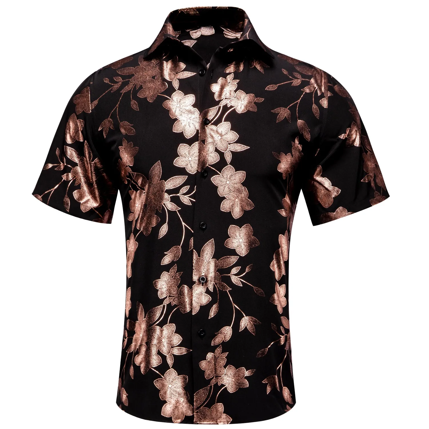 Hi-Tie Summer Top Black Brown Floral Mens Button Up Short Sleeve Shirt