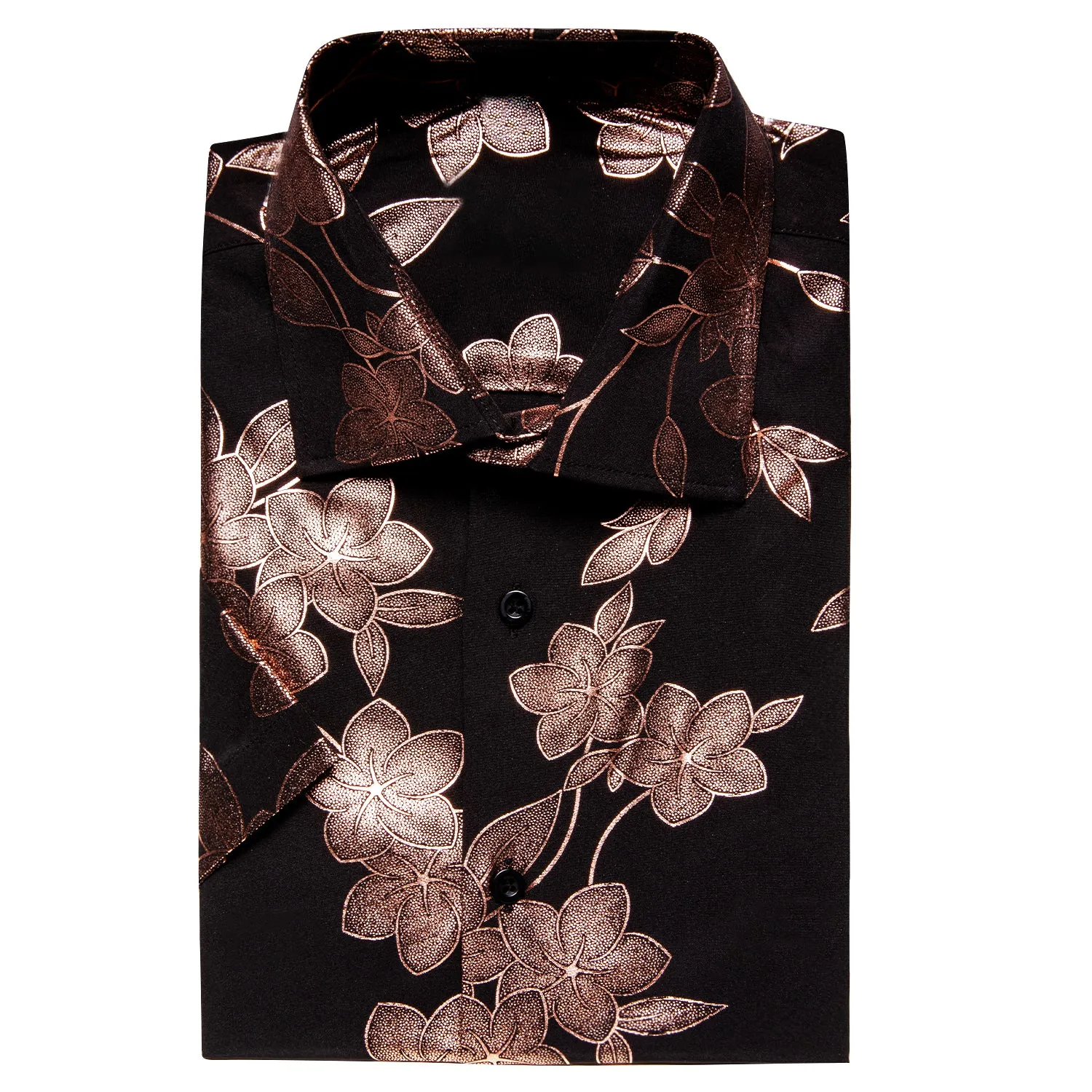 Hi-Tie Summer Top Black Brown Floral Mens Button Up Short Sleeve Shirt