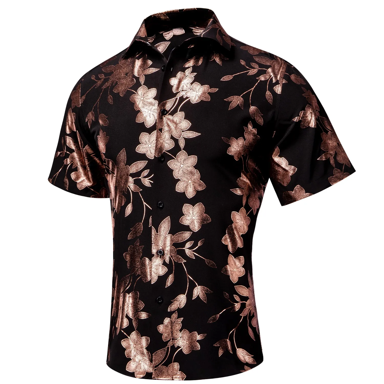 Hi-Tie Summer Top Black Brown Floral Mens Button Up Short Sleeve Shirt