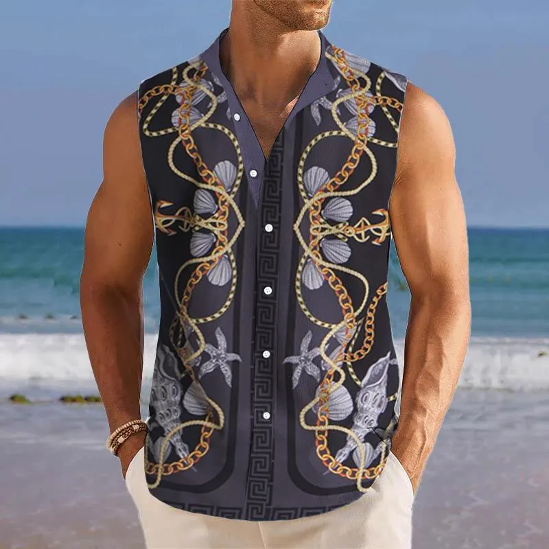 Men's Breathable Linen Lapel Beach Sleeveless Shirt 94329399YM