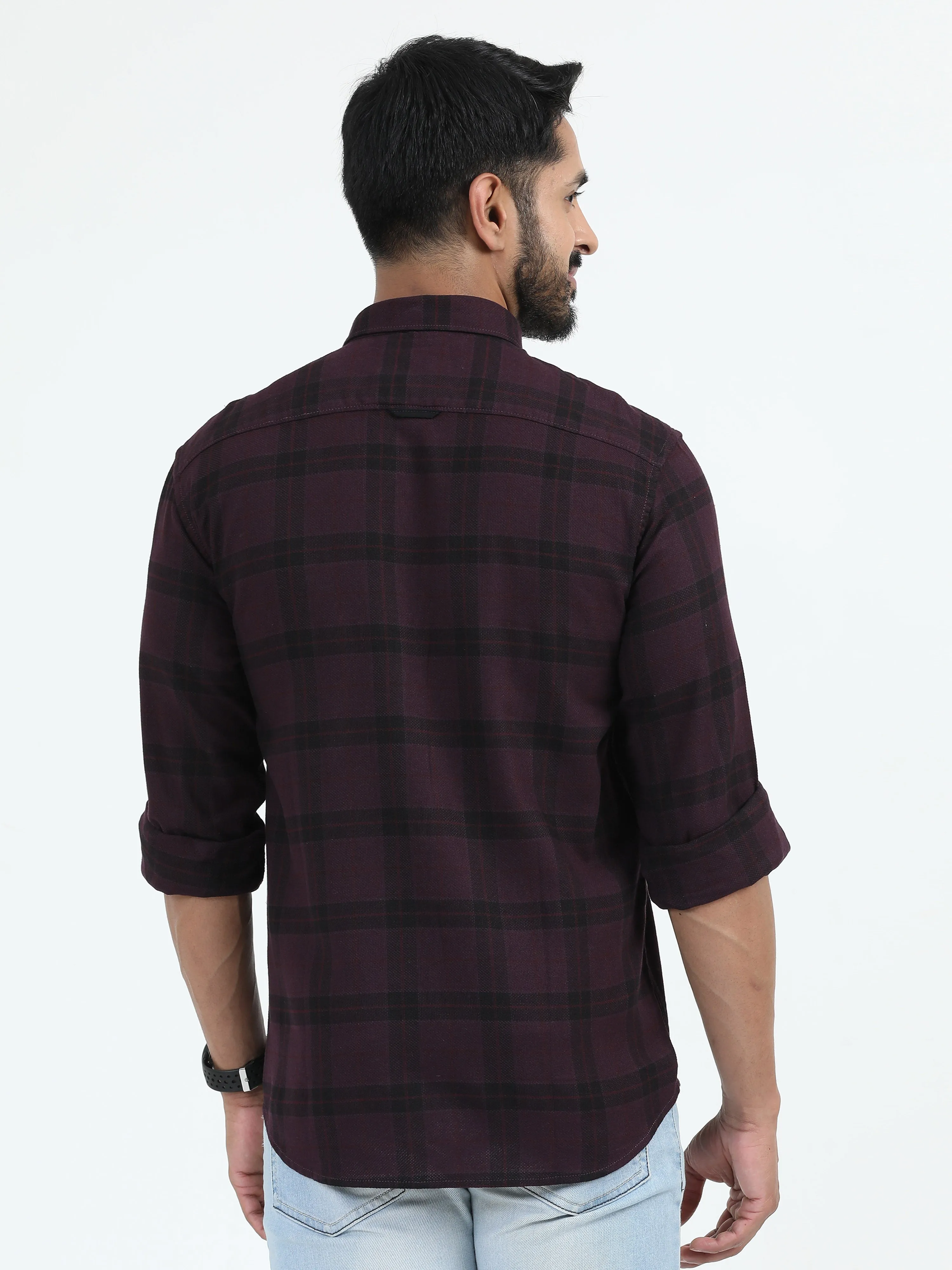 MEN'S BURGUNDY CHECKS  SLIM FIT SHIRT