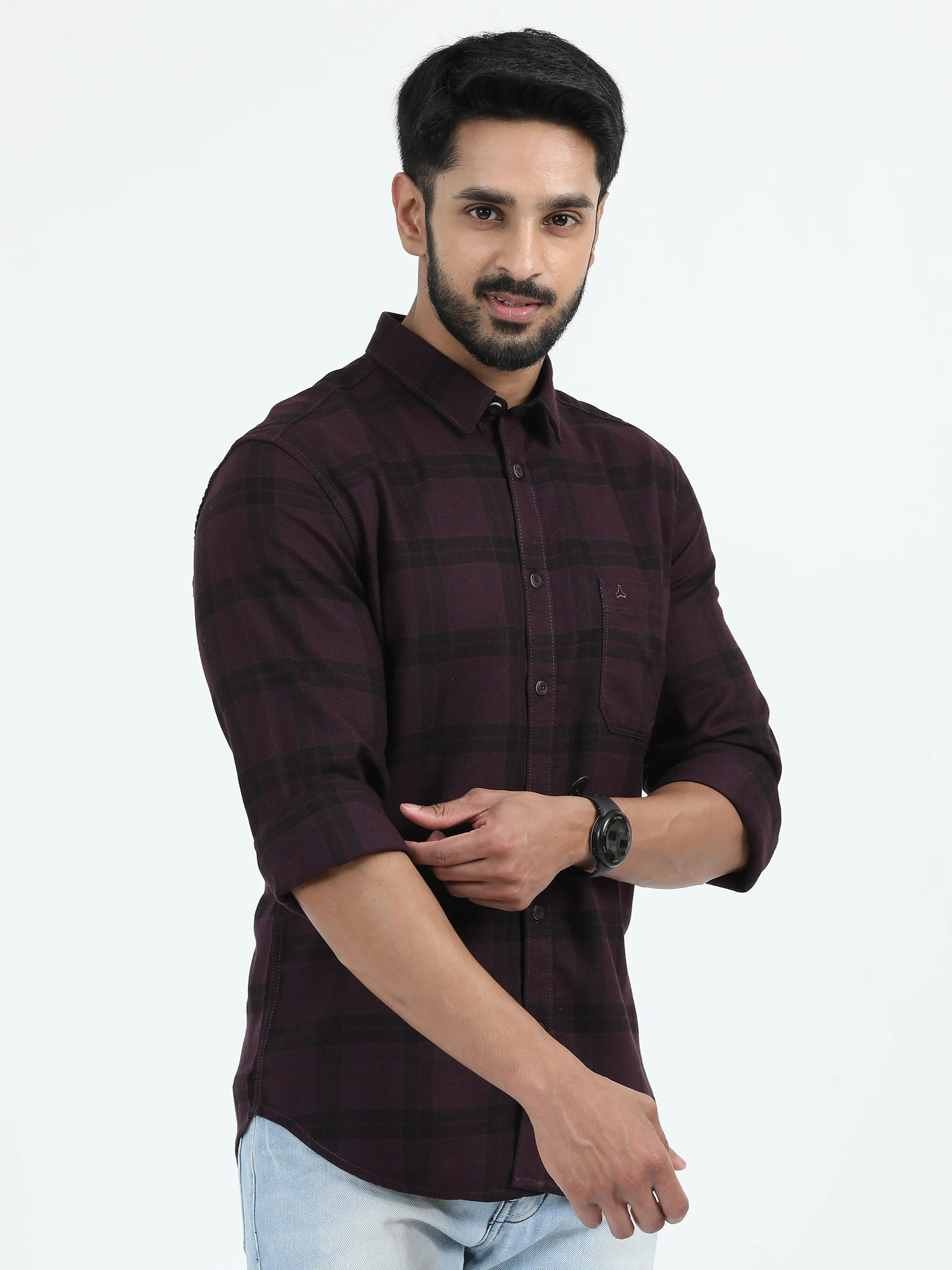 MEN'S BURGUNDY CHECKS  SLIM FIT SHIRT