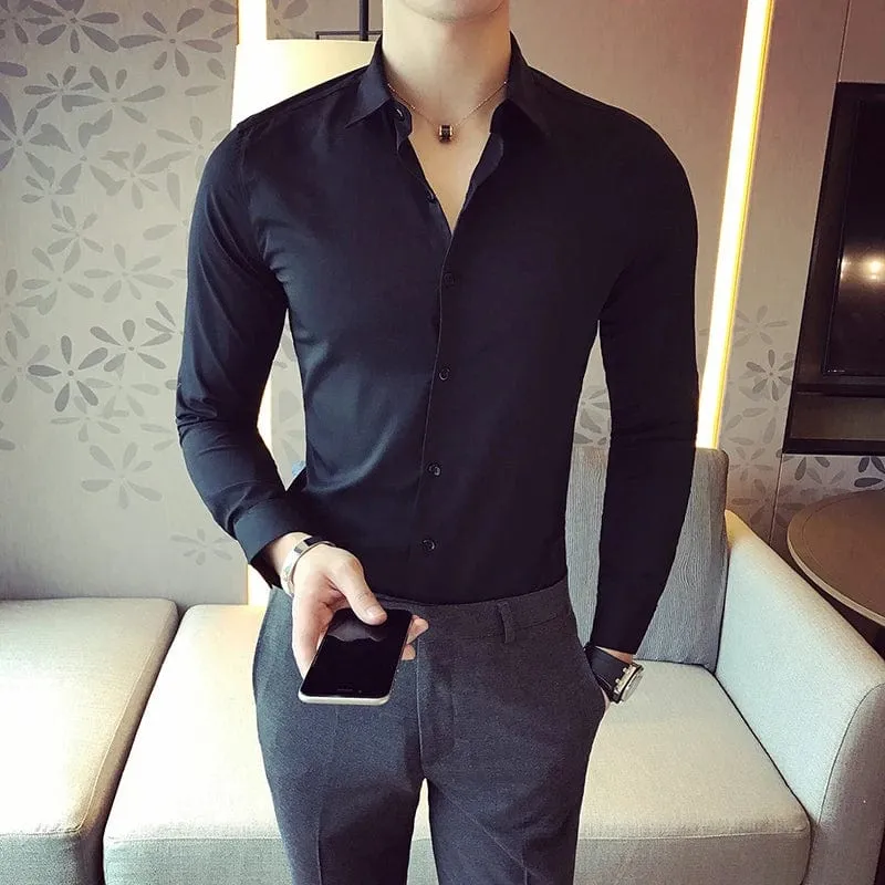 Men's High-Quality Slim Fit Long Sleeve Dress Shirt – Solid Color Business Casual & Club Wear