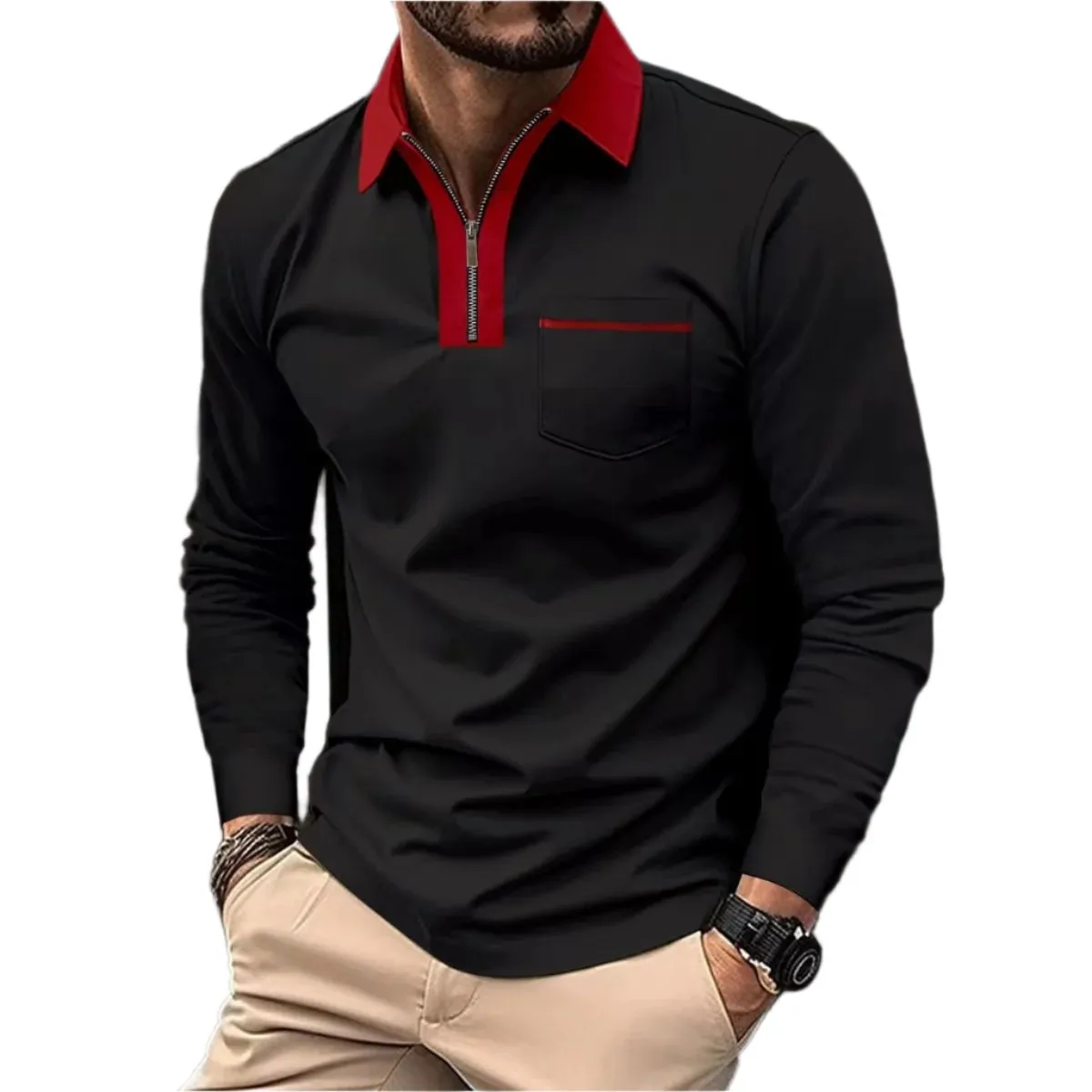 Mens Long Sleeve Zipper Polo Shirts Casual Lapel Collar Zip Up Henley Shirts