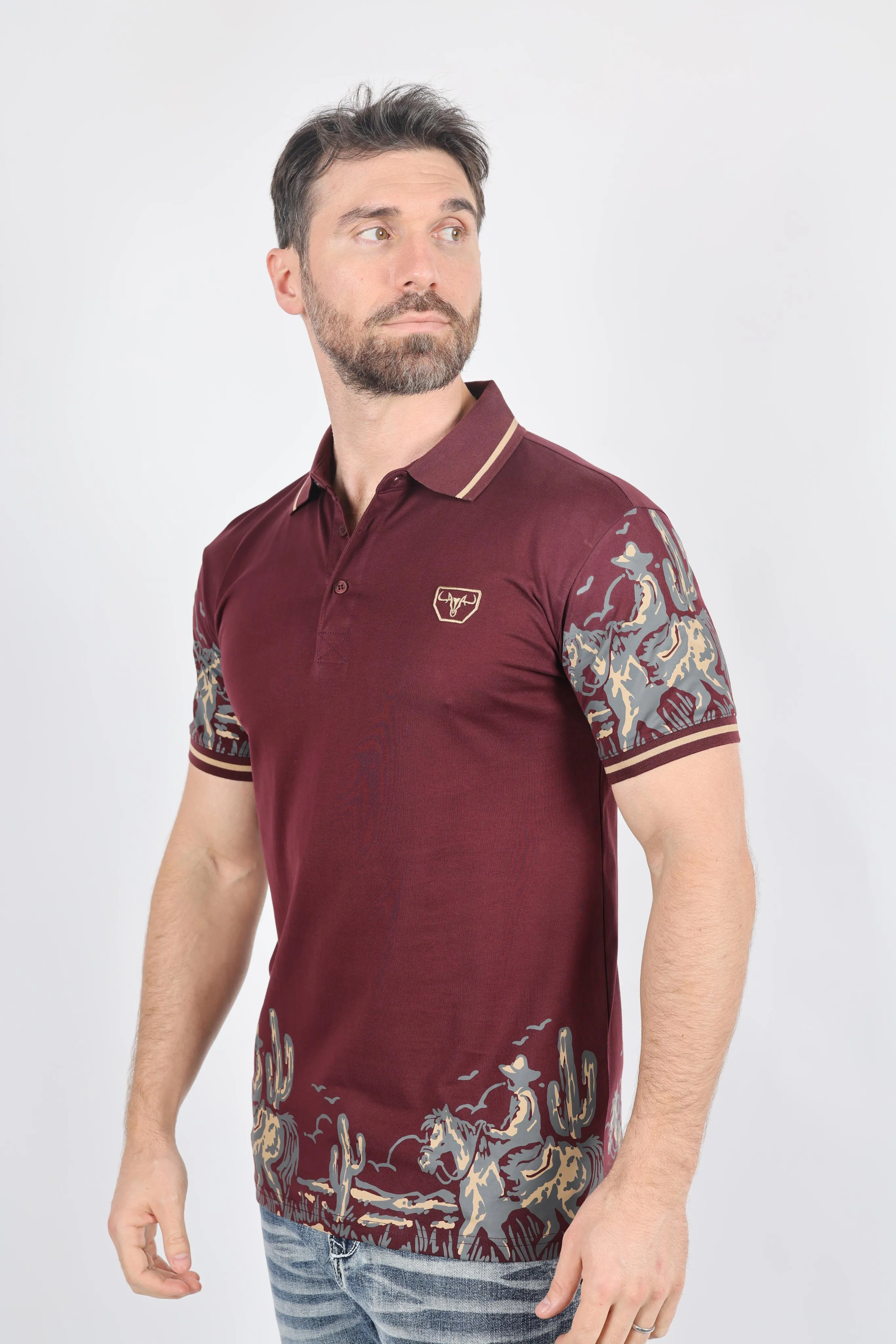 Mens Modern Fit Stretch Cowboy Panoramic Print Polo