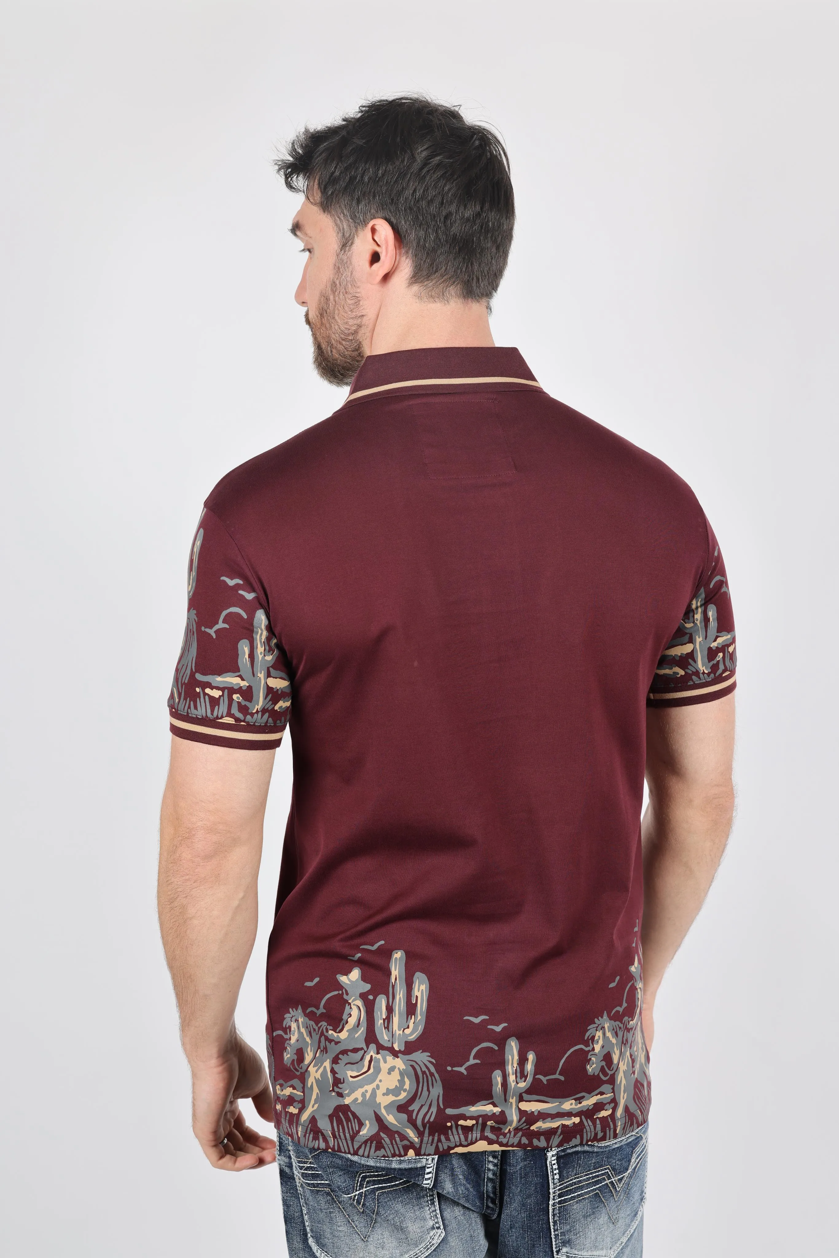 Mens Modern Fit Stretch Cowboy Panoramic Print Polo