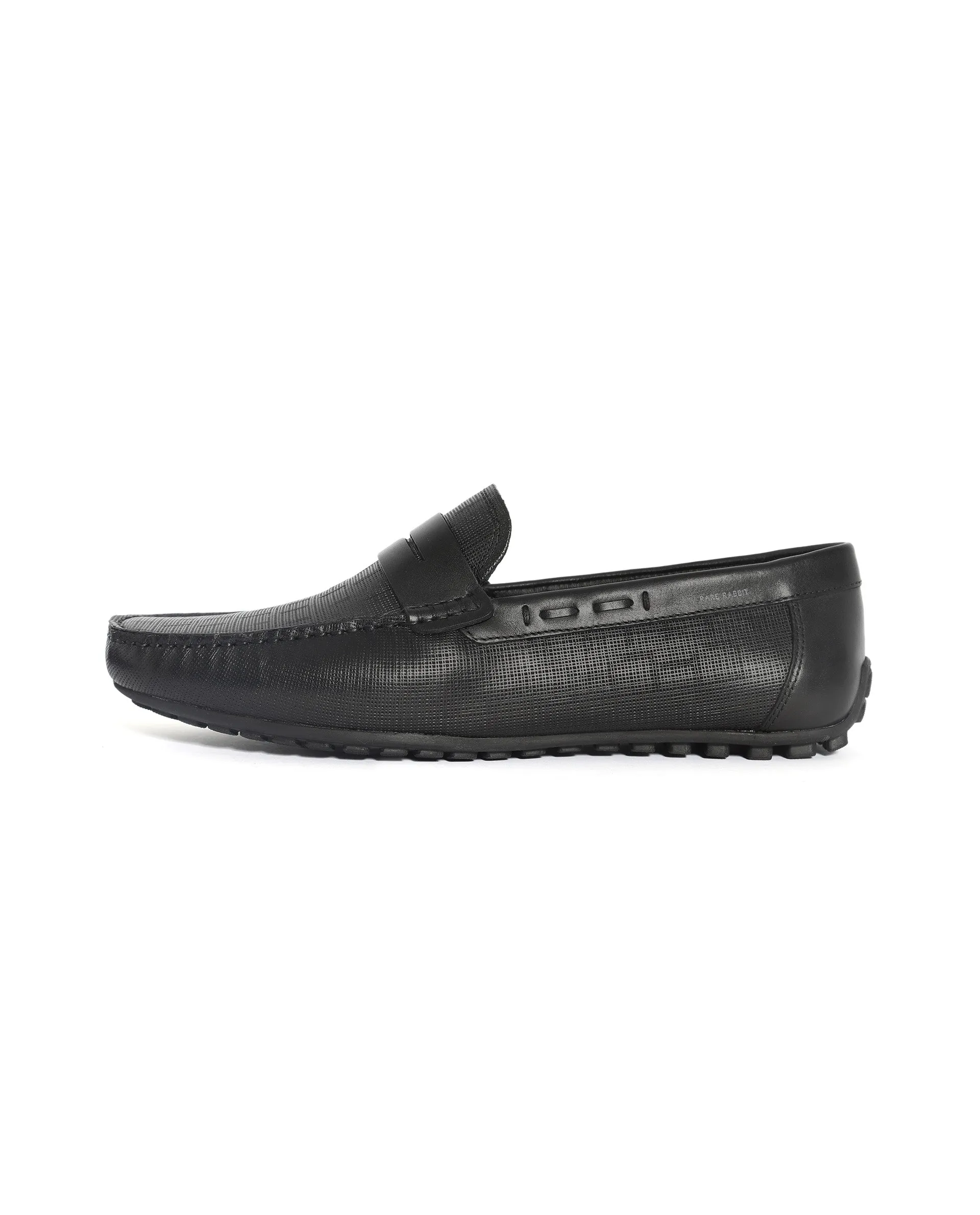 Rare Rabbit Men's Saffian Black Slip-On Textured Genuine Leather Driver Moccasin