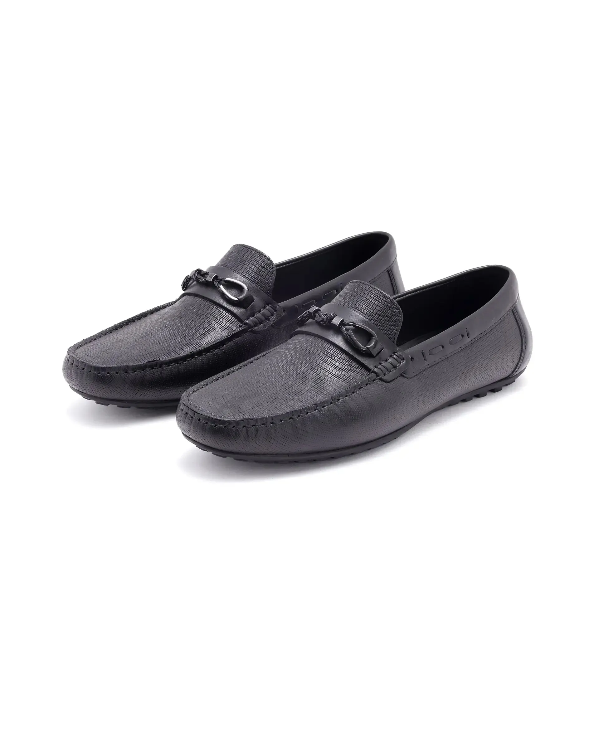 Rare Rabbit Men's Saffian Black Slip-On Textured Genuine Leather Driver Moccasin