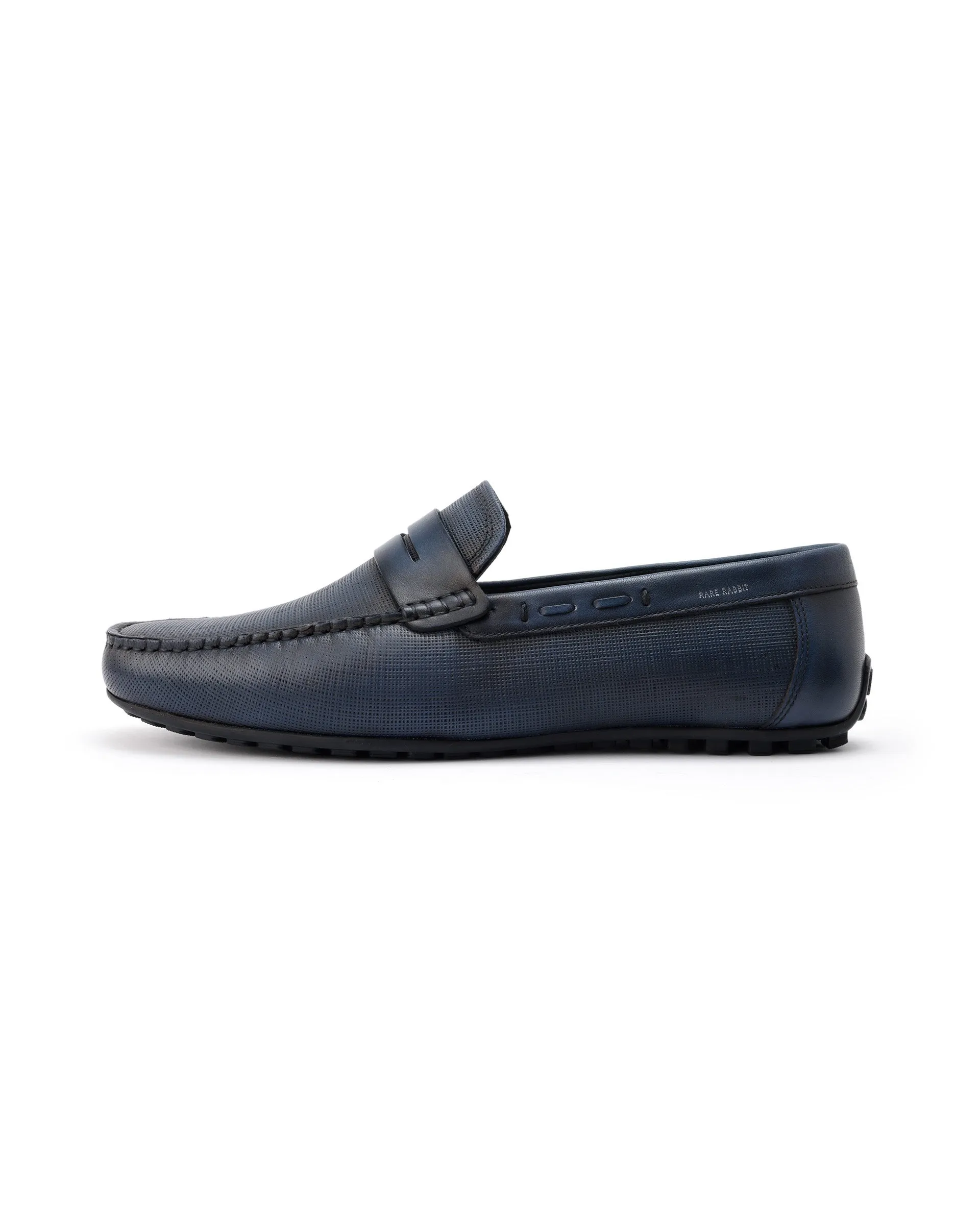 Rare Rabbit Men's Saffian Navy Slip-On Textured Genuine Leather Driver Moccasin