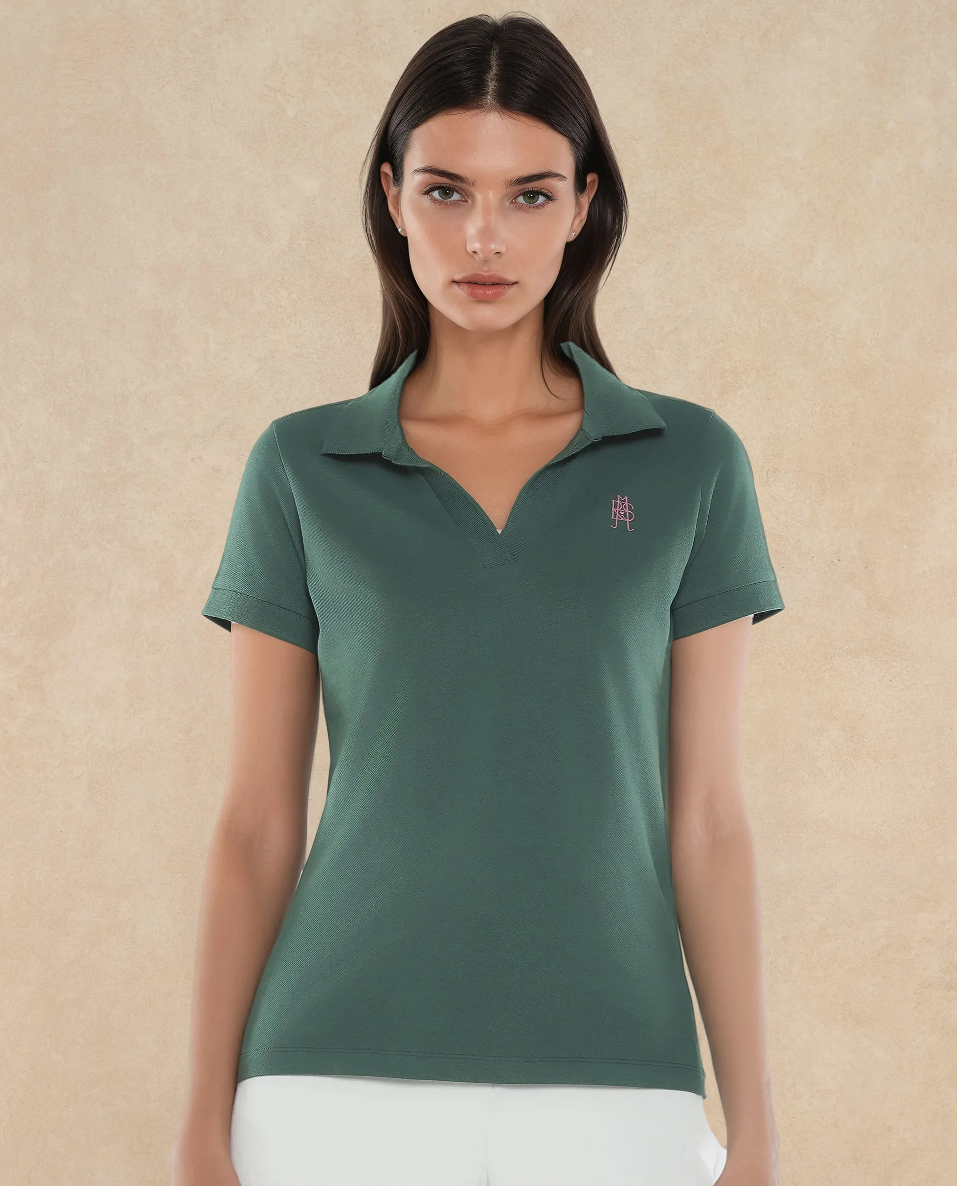 Rareism Women Van Green Cotton Lycra Fabric Short Sleeve Polo Collar Plain Polo