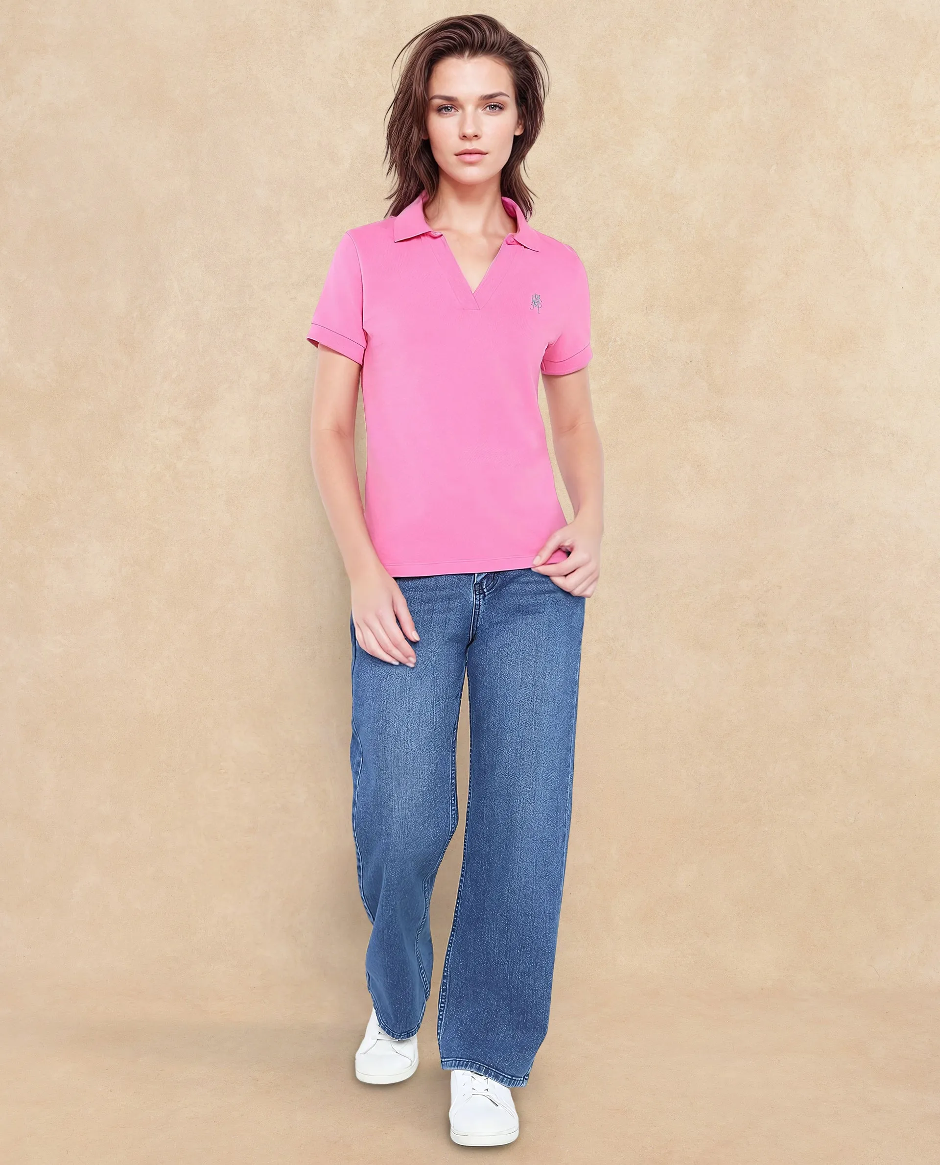 Rareism Women Van Pink Cotton Lycra Fabric Short Sleeve Polo Collar Plain Polo