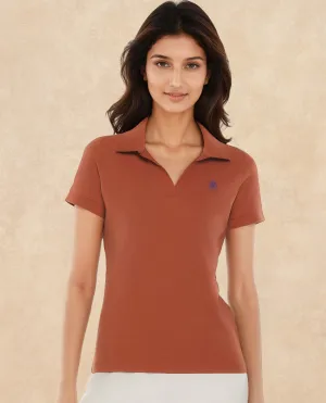 Rareism Women Van Rust Cotton Lycra Fabric Short Sleeve Polo Collar Plain Polo