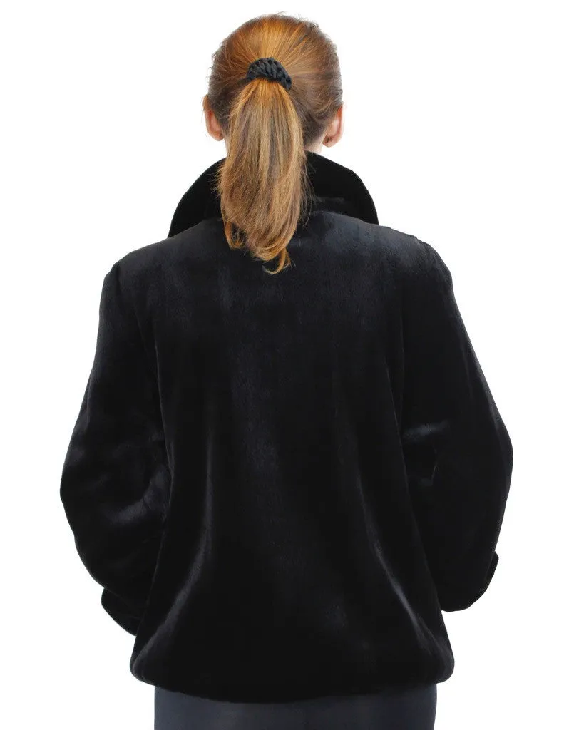 REVERSIBLE BLACK SHEARED MINK & UNSHEARED BLACKGLAMA MINK FUR BOMBER/SPORTS JACKET