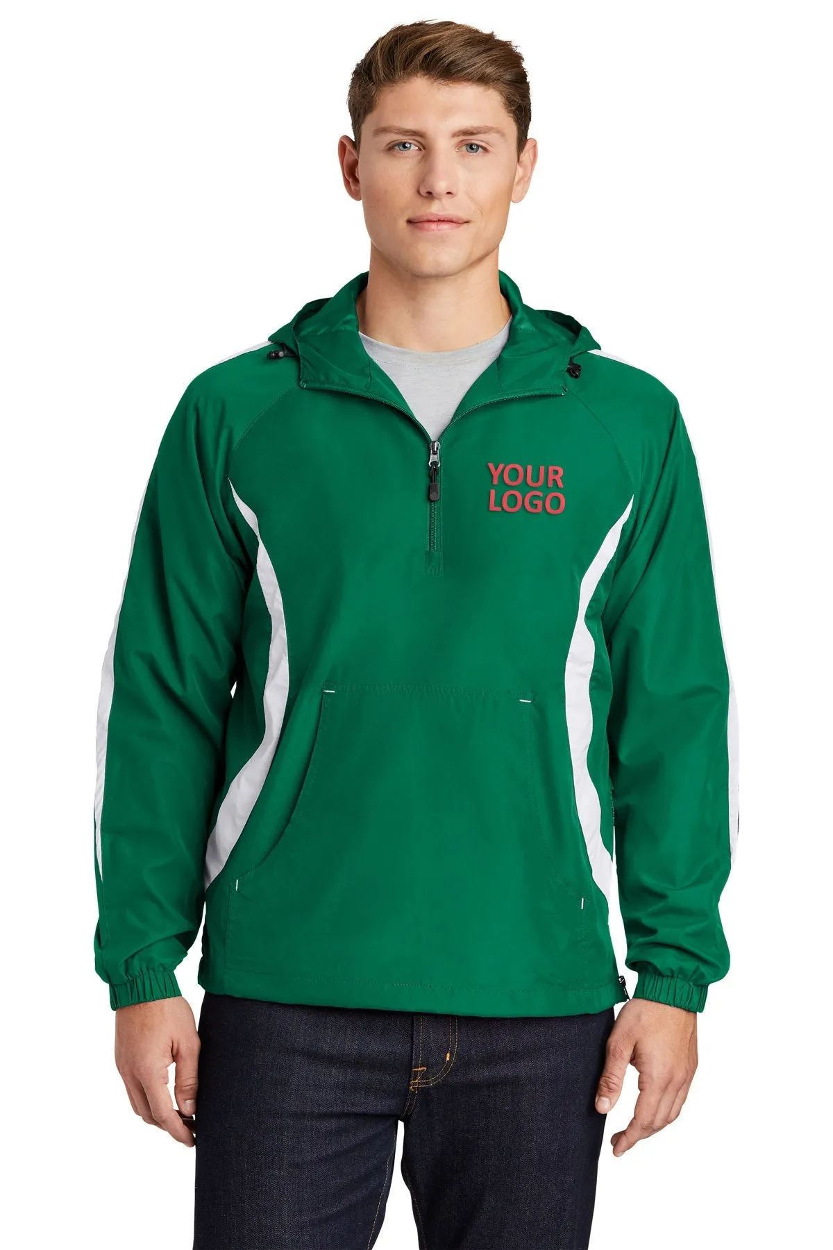 Sport-Tek Colorblock Raglan Customized Anorak Jackets, Kelly Green/White