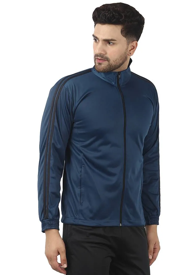 Stunning Navy Blue Polyester Self Pattern Sporty Jacket For Men