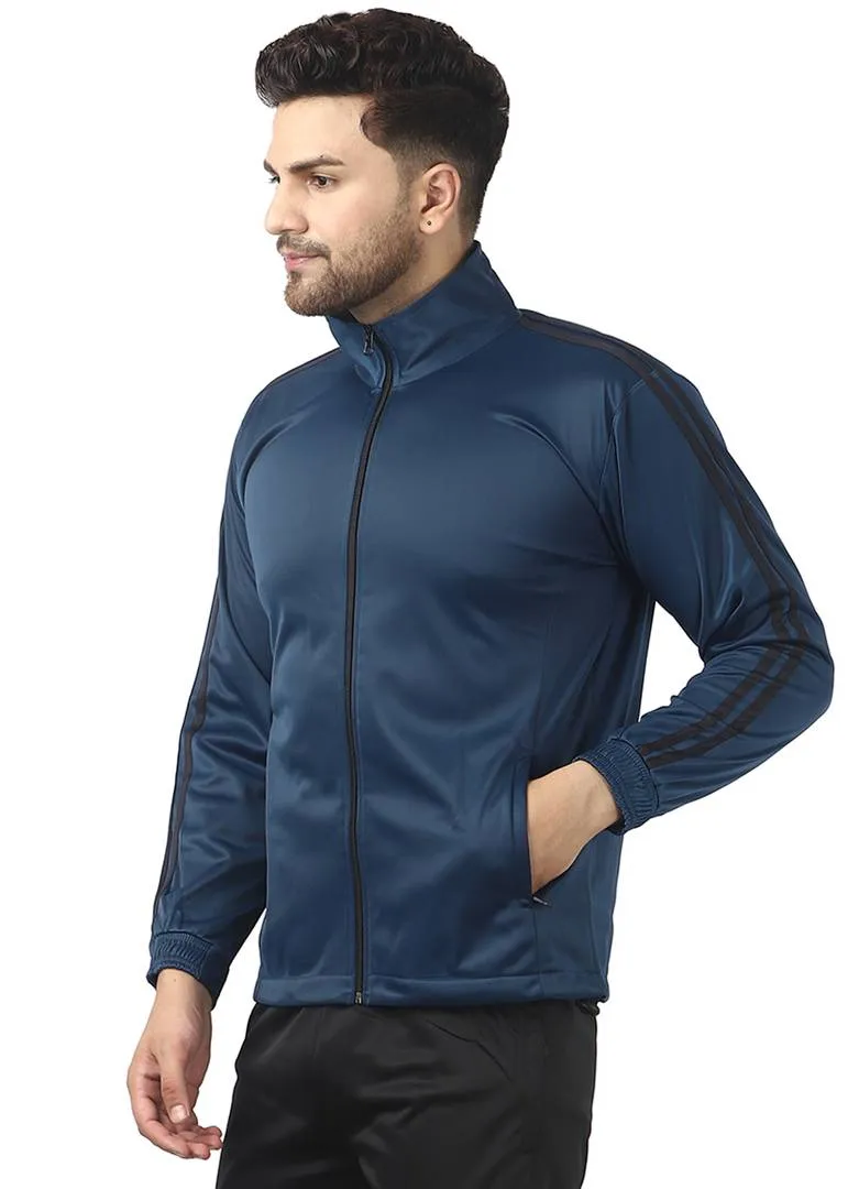 Stunning Navy Blue Polyester Self Pattern Sporty Jacket For Men