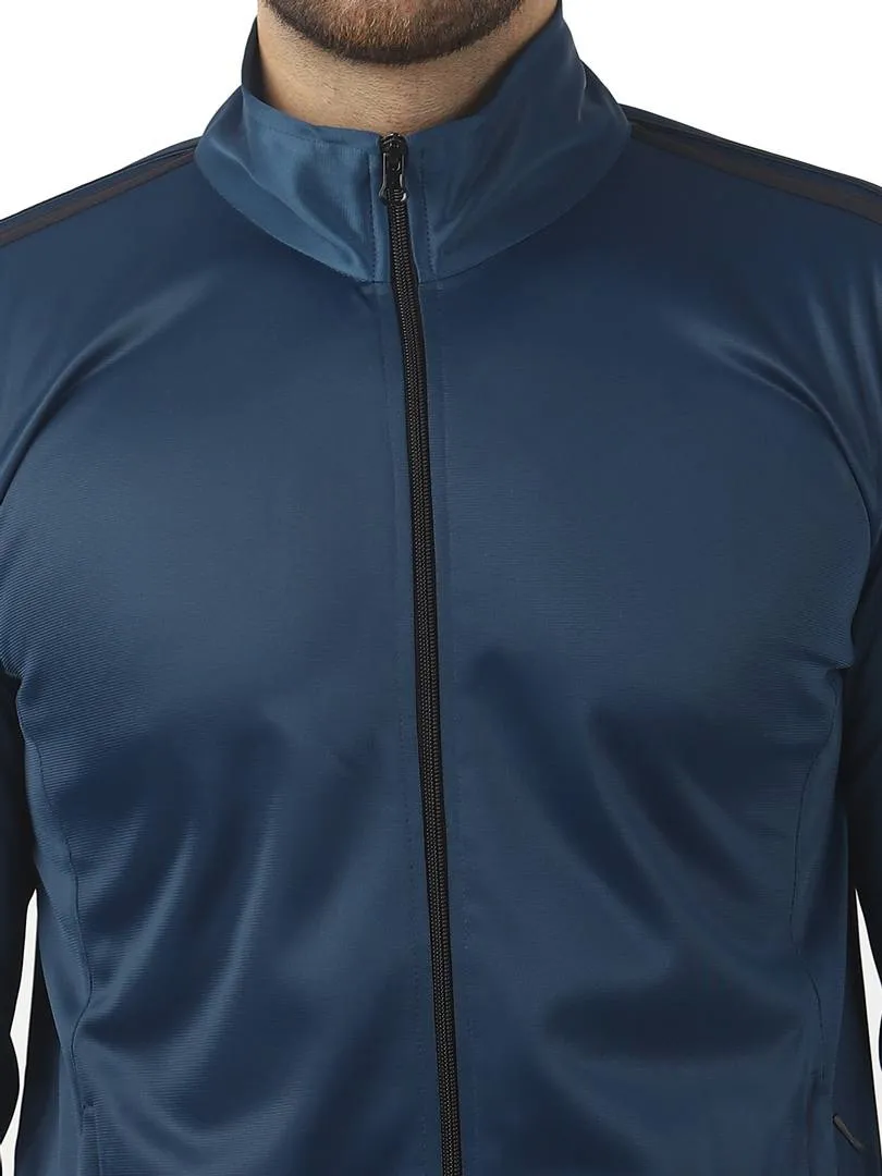 Stunning Navy Blue Polyester Self Pattern Sporty Jacket For Men