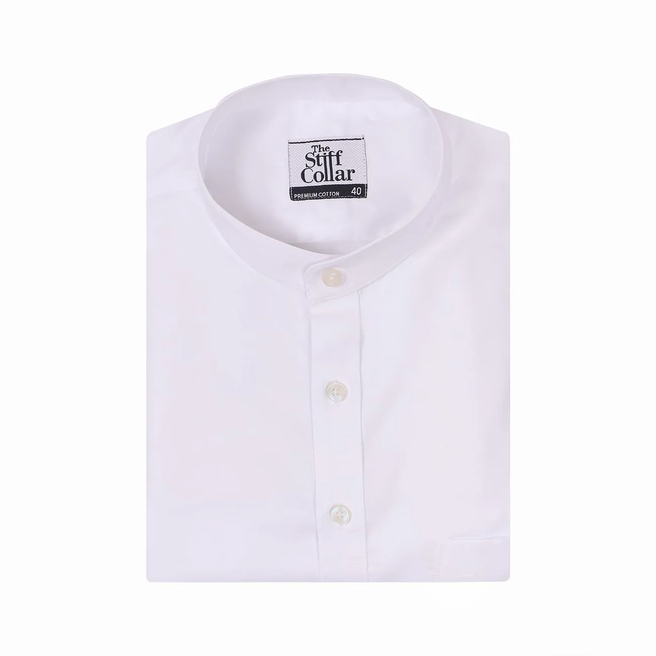 White Herringbone Mandarin Collar 2 Ply Giza Cotton Shirt