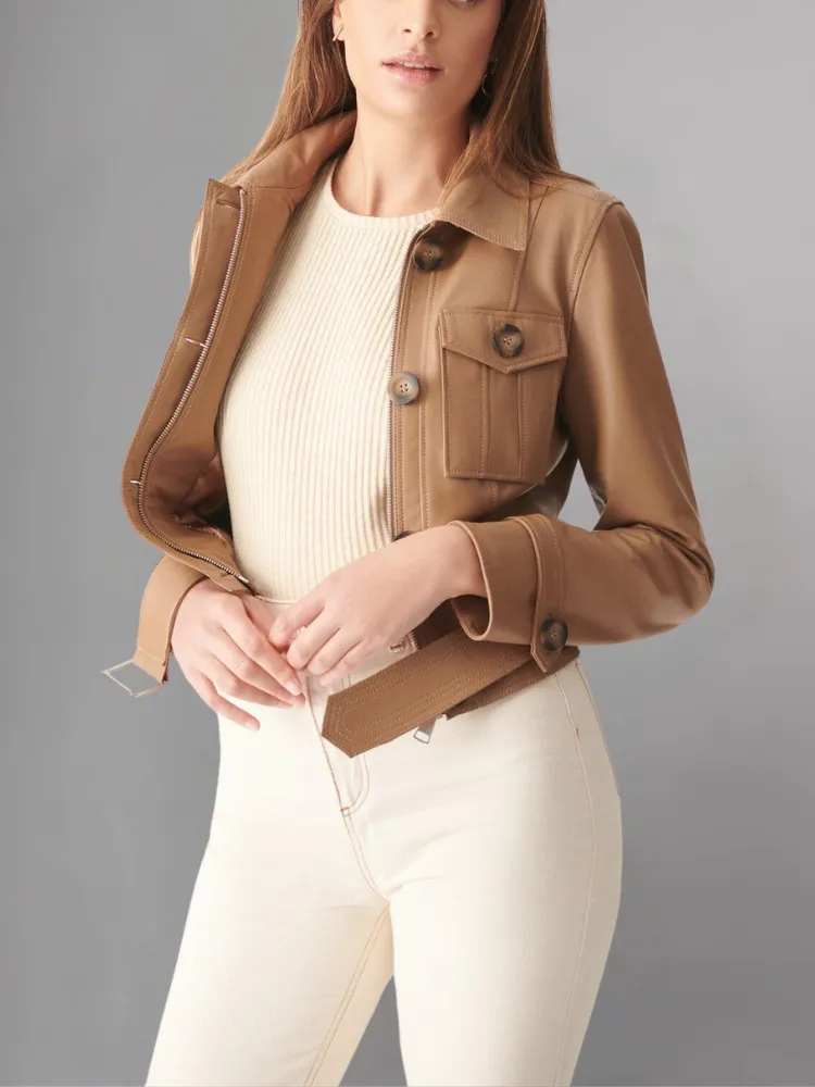 Womens Sporty Style Camel Leather Jacket